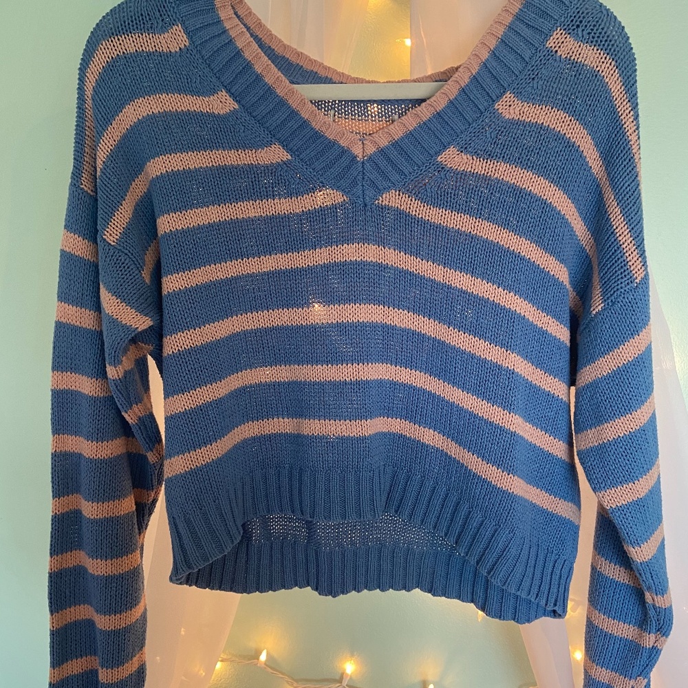 American Eagle Outfitters Blue and Orange Knit Cropped Sweater